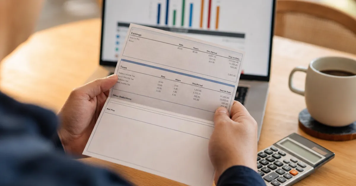A person reviewing a US payroll pay stub next to a laptop and calculator