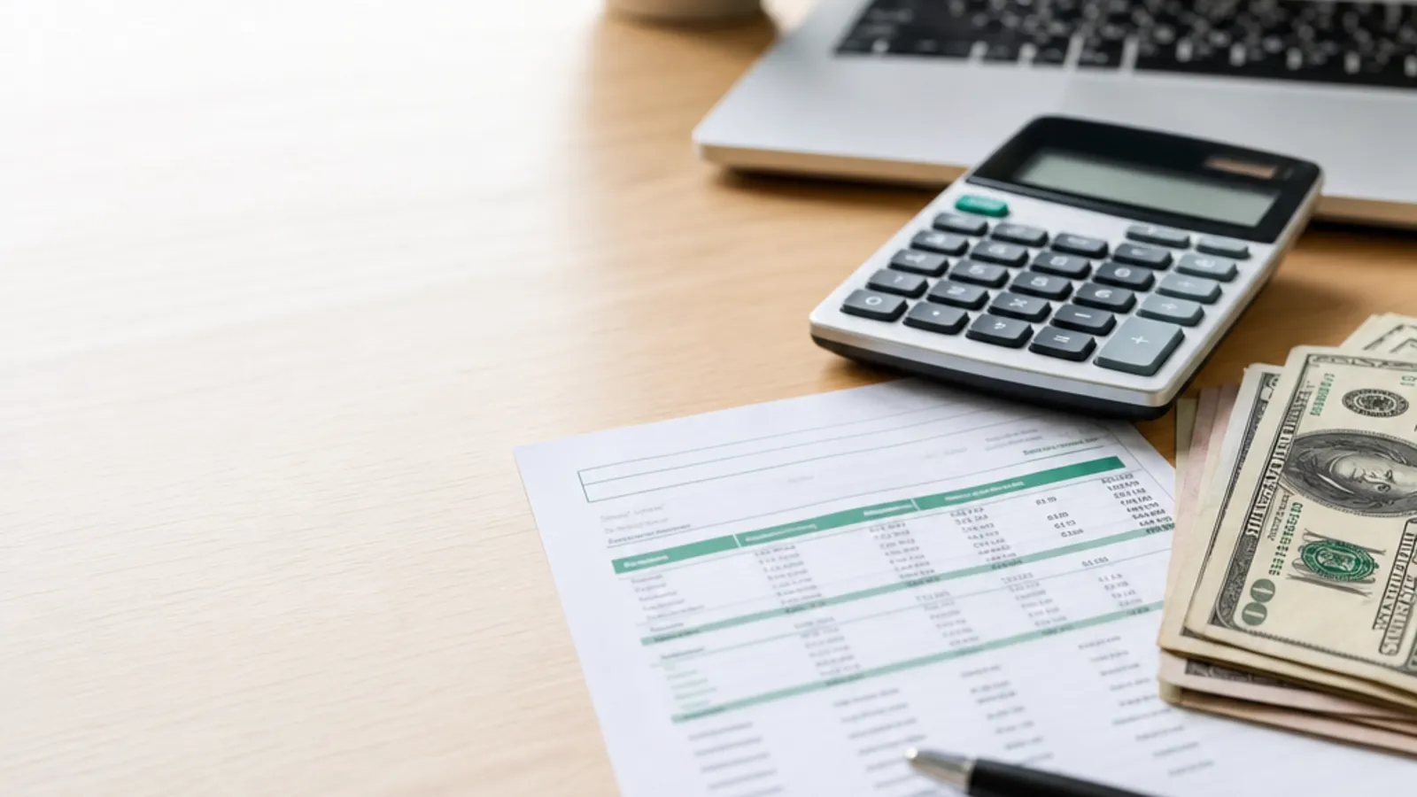 A US payroll pay stub, US dollar bills, and a calculator on a wooden desk — estimate your 2026 take-home pay