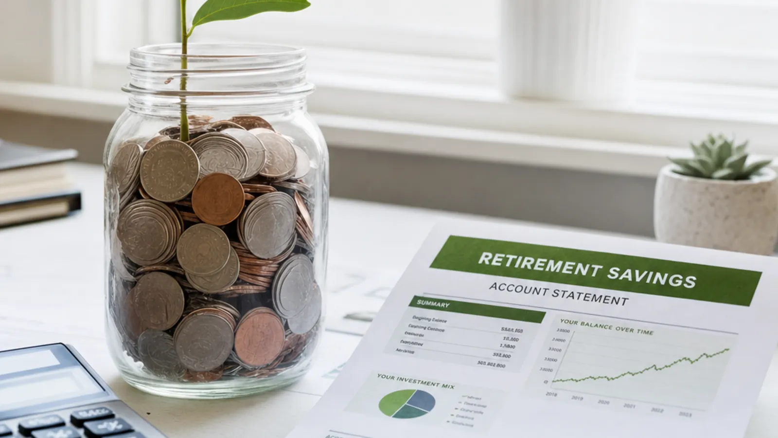 A glass jar of coins with a sprouting plant beside a retirement savings account statement showing a growth chart